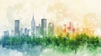 Obraz premium Watercolor Cityscape with Green Park and Skyline