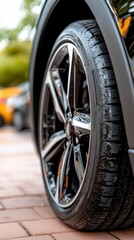 Close-up of shiny car tire with reflective alloy wheel on brick road. Summer Tire Changeover Month