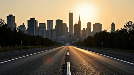 Fototapeta premium Modern city skyline with skyscrapers and tall buildings silhouette du sunset for urban panorama background