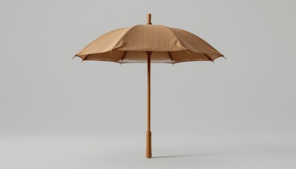 Obraz premium classic stick umbrella in earthy brown linen, carved wood crook handle with natural grain pattern, full arc canopy shown, hyper realistic, isolated object, white background, product studio lighting