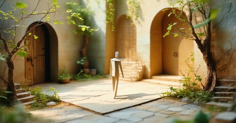 Miniature courtyard scene. Wooden figure stands amid stone paths, arched doorways, lush greenery. Warm light creates soft shadows.
