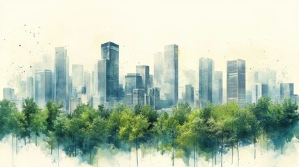 Watercolor Cityscape with Green Trees