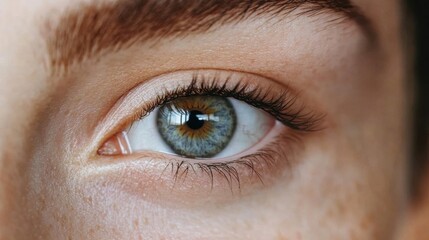 Obraz premium Close-up of human eye with blue-green iris and detailed eyelashes