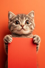 &ETH;&iexcl;ute cat scottish fold hold in front paws a design draft - large red avenue sign. Cat on poster mockup. Sign ad with mascot. Isolated baby cat on a solid attire bright orange background.