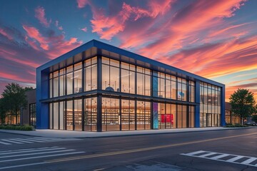 Obraz premium Contemporary Urban Retail Storefront Featuring Large Glass Windows Under a Colorful Sunset Sky