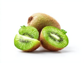 Fototapeta premium a high-resolution photo of whole and sliced kiwi fruits, isolated on a pure white background