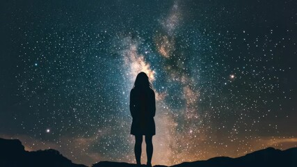 silhouette of young woman standing in nature contemplating starry night sky landscape - Powered by Adobe