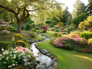 Serene Japanese Garden with Winding Stream and Lush Greenery at Sunset Eye Level Shot
