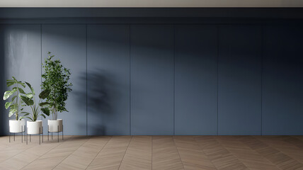 Modern Minimalist Interior with Potted Green Plants and Blue Wall