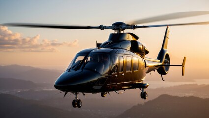 Luxurious Private Helicopter in Golden Hour Light Over Scenic Mountains &ndash; Photorealistic Aviation Concept