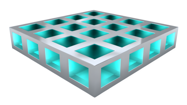 3D table grid icon with elevated rows and columns, silver and cyan theme, front camera, white background