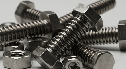 Assorted Metal Bolts and Nuts Scattered on White Seamless Background in Silver Tone