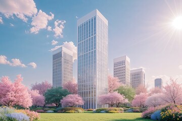 Obraz premium Pastel Minimalist Artwork of Corporate High-Rise Surrounded by Serene Garden and Vibrant Flowers Under Clear Sunny Sky