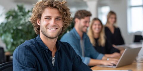 Fototapeta premium Young man smiling at the camera in a modern office setting, surrounded by colleagues. Possible use Stock photo for business, teamwork, or success concept