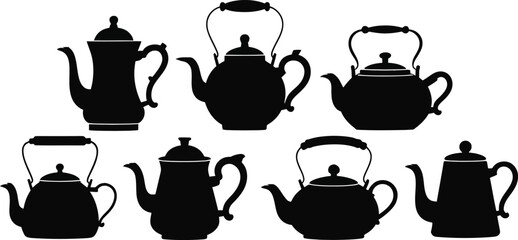 A collection of seven black silhouette teapots with varying designs and handle styles on white background