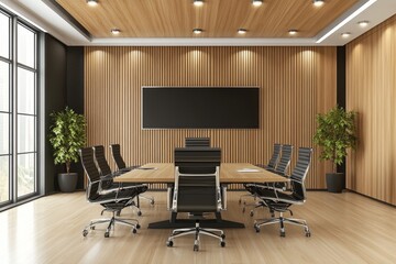Fototapeta premium Modern conference room interior design with wooden accents.