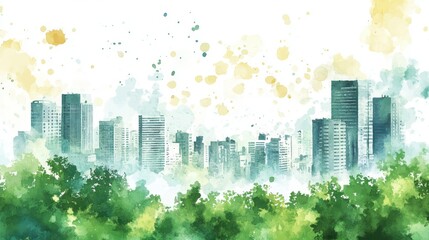 Watercolor Cityscape with Lush Green Trees and Teal Buildings