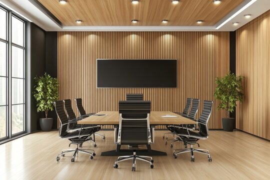 Modern conference room interior design with wooden accents.