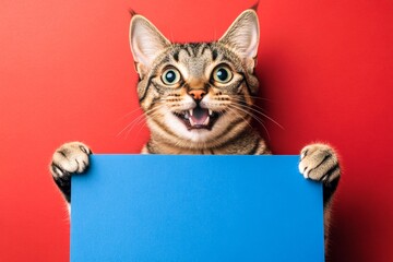 Commercial kitten photo. &ETH;&iexcl;ute adult cat toyger hold in front paws a template - large blue way sign. Isolated cat on a solid suit red background. Marketing pet expression. Ad creature on white.