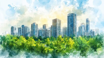 Obraz premium Watercolor Cityscape with Lush Green Trees and Warm Sunset Light