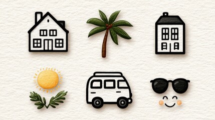 Iconic representation of home lifestyle warmth evoking sunshine relaxation surrounded by emblematic symbols such as palm trees and cheerful faces highlighting the essence of carefree summer days