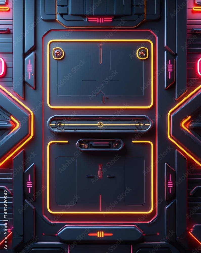 Poster a close-up view of a futuristic, high-tech door with vibrant neon lights that give a sense of techno
