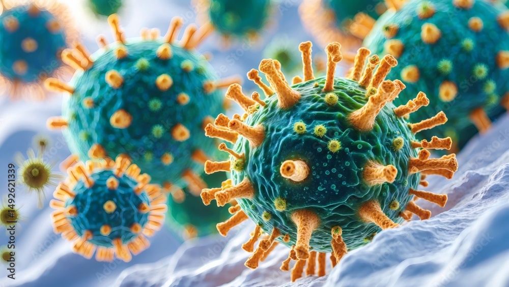 Poster A close-up image of a virus particle, showcasing its intricate details and vibrant colors, representing the structure of a virus