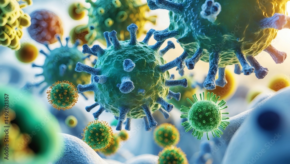 Poster A close-up view of viruses and cells, showing complex structures and vibrant colors. This visual provides a detailed look at biological elements