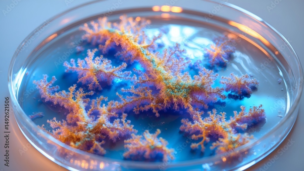 Aufkleber intricate microscopic structure in a petri dish, the scene is bathed in a cool blue hue with hints o
