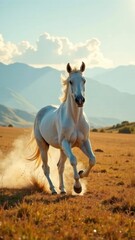 Majestic White Horse Running in a Lush Meadow. Horse symbol of 2026