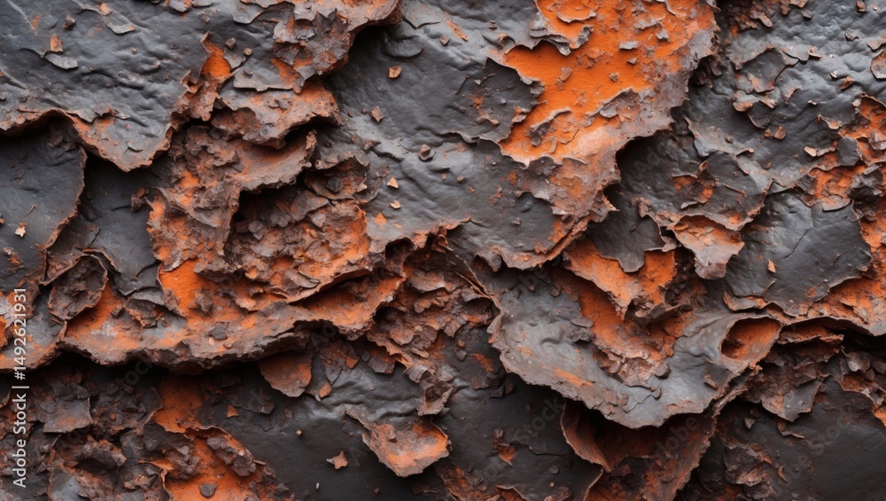 Poster a detailed image of weathered metal, revealing textures and colors. the surface shows signs of rust 