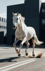 White horse galloping down empty city street. Space for text. Horse symbol of 2026