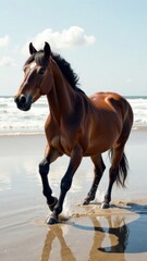 Bay horse walks calmly along sandy seashore. Horse symbol of 2026