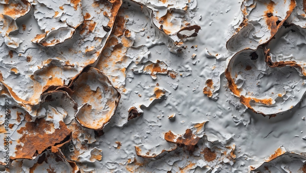Poster detailed close-up of peeling paint on a weathered surface, revealing layers of textures and colors