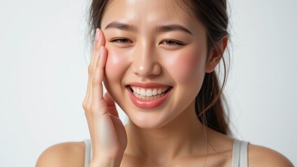 Young Woman Smiling While Applying Skincare Product on Her Face in a Bright Indoor Setting