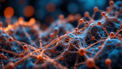 Abstract Molecular Structure with Interconnected Network in Vibrant Blue and Orange Colors