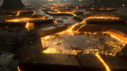 grid with glowing lines and metallic texture in dark tones