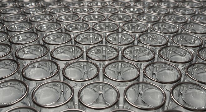 Dense Array of Transparent Glass Vessels with Silver Rims in Neat Rows and Columns Reflective Surface Pattern for Scientific or Industrial Application