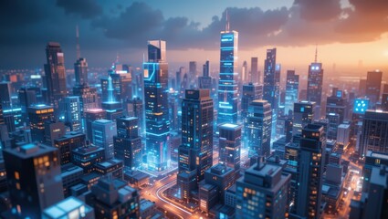 Aerial View of a Modern City Skyline at Night with Vibrant Lights and Sunset Sky