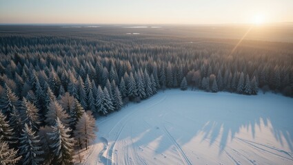 Aerial View Of A Snow-Covered Forest At Sunset With Shadows And Sunlight Glimmering Over Trees