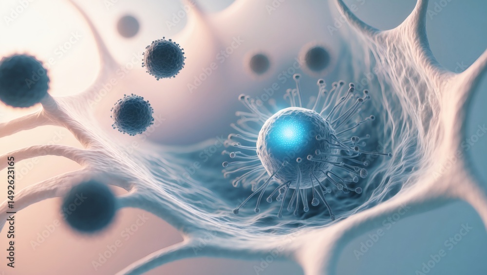 Poster an artistic depiction of cells at the cellular level