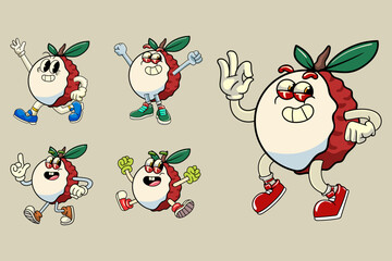Set of funny lychee fruit 70s retro comic cartoon characters