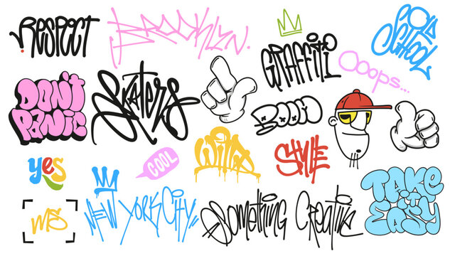 Vibrant street graffiti lettering elements in a fun cartoon style. A bold and colorful vector set with creative hand-drawn letters, perfect for urban art and hip-hop vibes. - Powered by Adobe