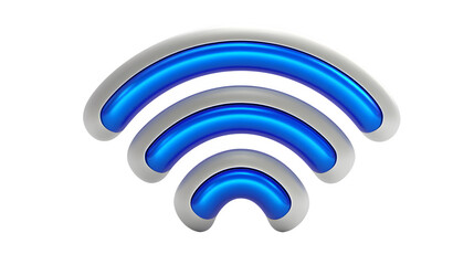 3D wifi icon with curved signal lines, metallic finish in silver and blue, angled top-down, white background