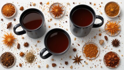 Assorted Aromatic Spices and Three Black Cups of Tea on a White Background