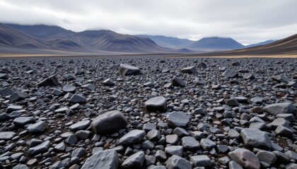 Barren Landscape of Black Rocks Surrounded by Mountains Under Gray Cloudy Sky
