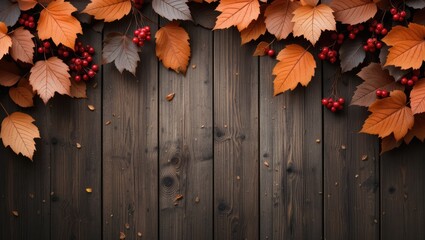 Autumn Leaves and Berries on Rustic Wooden Background Creating a Warm Seasonal Atmosphere