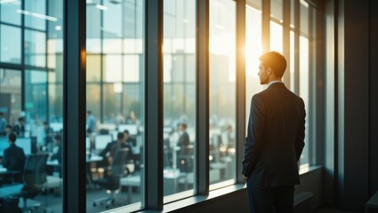 Businessman in Suit Contemplating Sunset View from Office Window in Modern Workplace