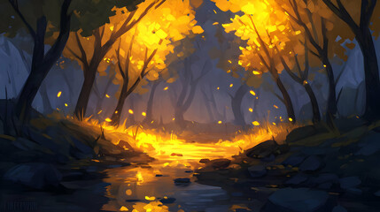 forest with glowing leaves, sparkling streams, and a luminous path