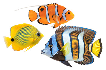 Naklejka premium Three colorful tropical fish including a clownfish and butterflyfish against white background